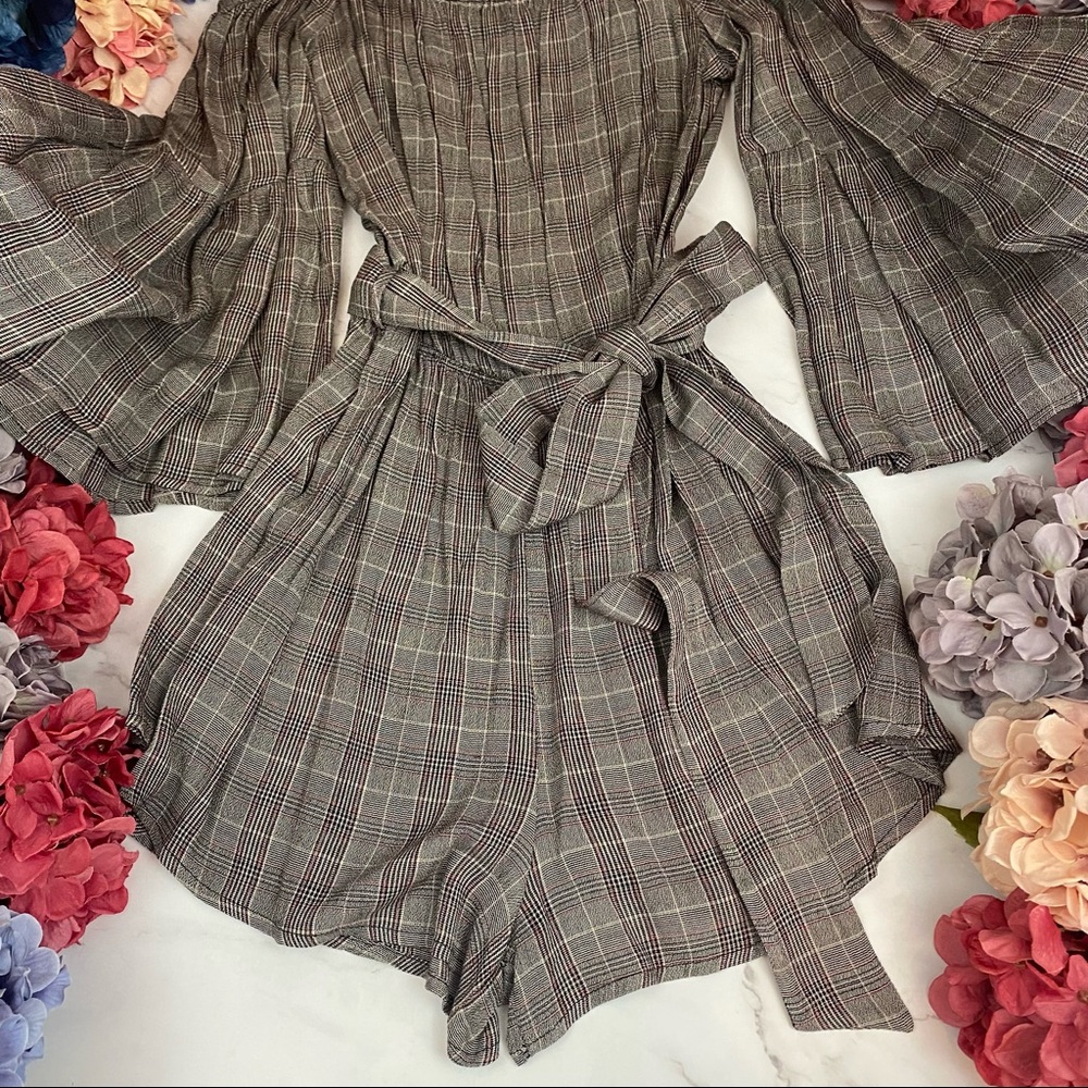 Flirty Gray Plaid Off-the-Shoulder Romper Jumpsuit - Picture 12 of 16